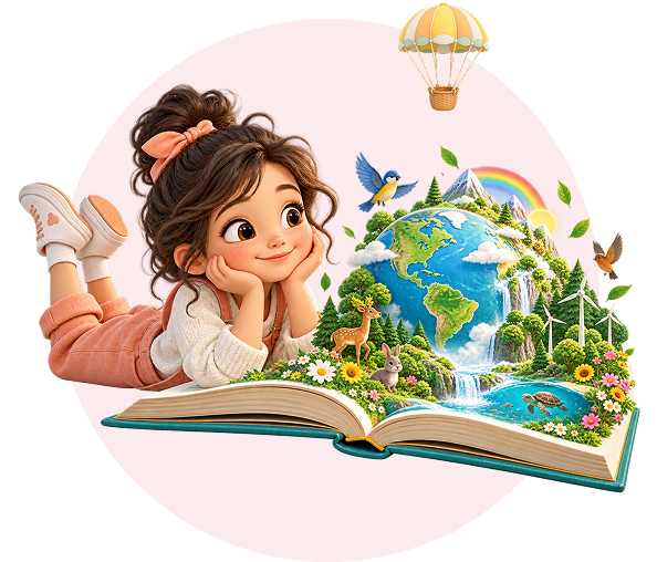 A child imagining a magical world emerging from an open book